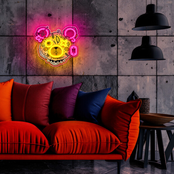 Néon LED mural Pop Art Ours Punk rose et jaune avec variateur