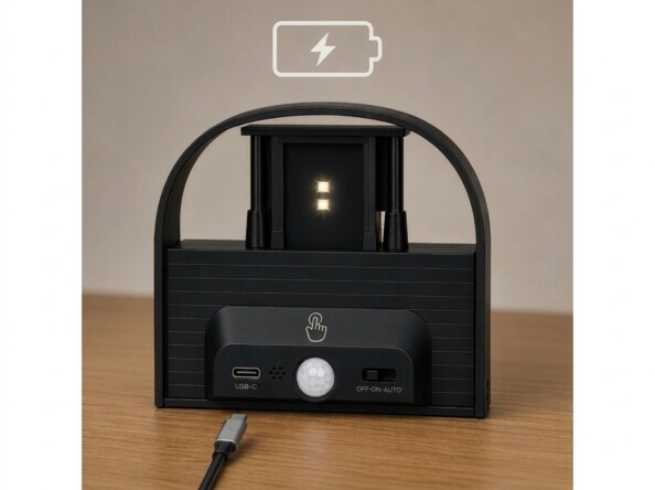 Applique LED rechargeable posée sur une table en bois clair