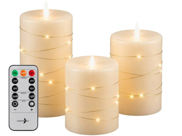 3 bougies LED télécommandées en cire avec guirlande lumineuse - coloris or
