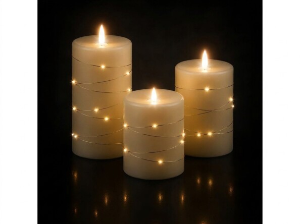 3 bougies LED télécommandées en cire avec guirlande lumineuse - coloris or