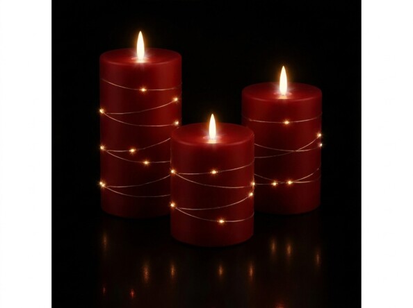 3 bougies LED télécommandées en cire avec guirlande lumineuse - coloris rouge