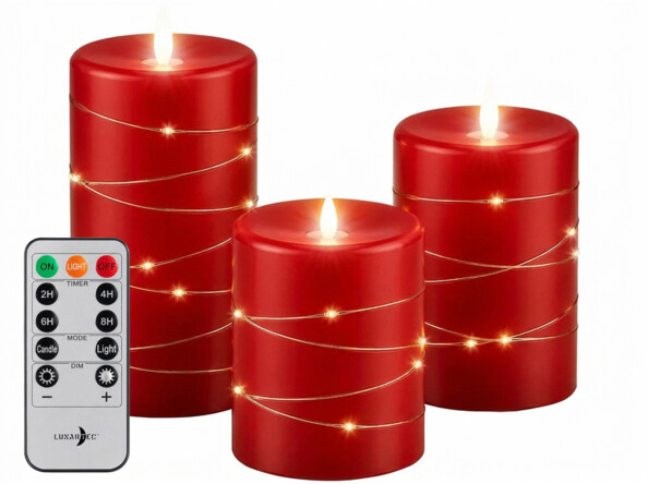 3 bougies LED télécommandées en cire avec guirlande lumineuse - coloris rouge