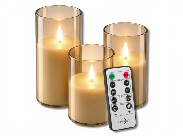 3 bougies LED télécommandées en verre avec intensité variable - coloris or