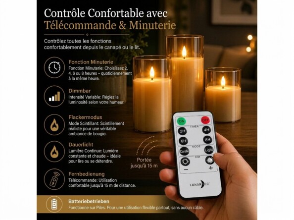 3 bougies LED télécommandées en verre avec intensité variable - coloris or