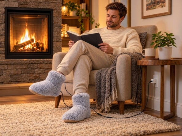 Chaussons gris portés par un homme assis lisant dans un fauteuil