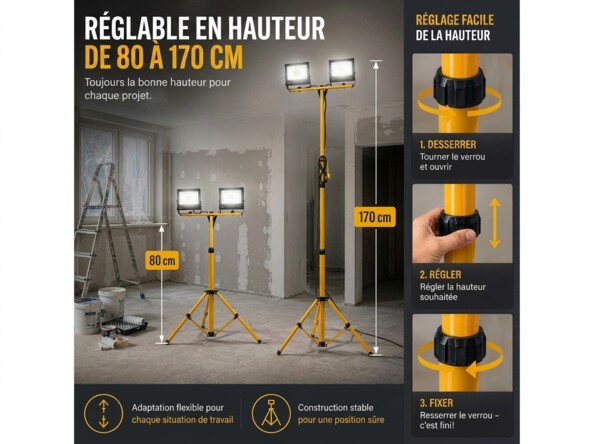 Deux projecteurs déployés à 80 et 170 cm dans une pièce en travaux