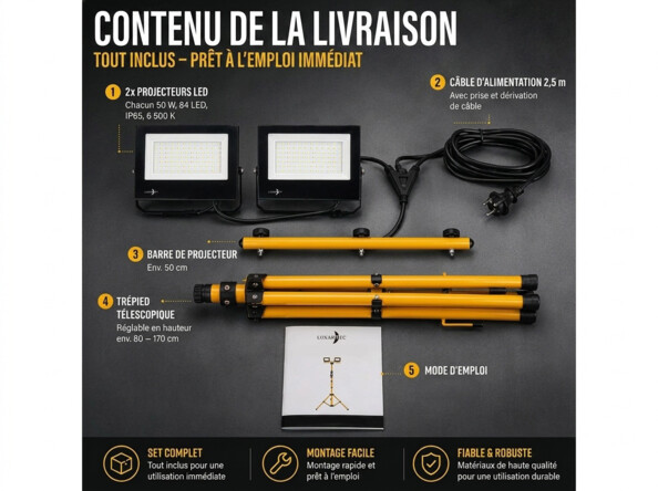 Contenu du kit du projecteur de chantier sur fond anthracite