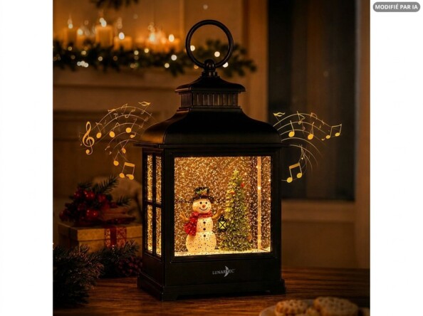 Lanterne de Noël musicale LED à piles ou USB avec flocons scintillants