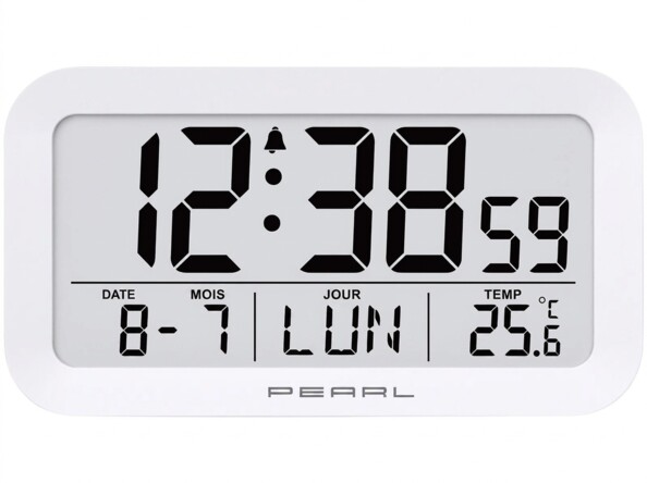 Réveil numérique blanc Pearl affichant 12:38:59, date 8-7, lundi et 25,6 °C, avec alarme activée