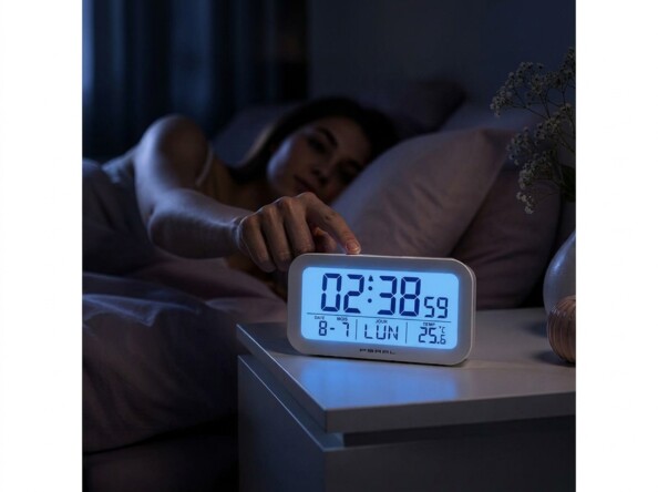 Femme allongée dans son lit touchant du doigt un réveil numérique blanc rétroéclairé en bleu affichant 02:38:59