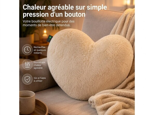 Bouillotte électrique en forme de cœur en peluche beige posée sur un canapé dans un intérieur chaleureux avec inscriptions sur la chaleur