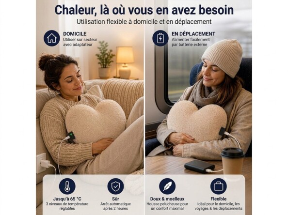 Publicité pour un coussin chauffant électrique en forme de cœur utilisé à domicile branché sur secteur et en déplacement avec batterie externe