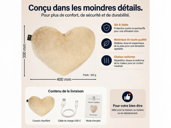 Fiche produit du coussin chauffant Wilson Gabor en forme de cœur beige 300 x 400 mm détaillant sécurité, matériaux et contenu de la livraison