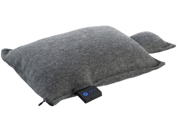 Coussin chauffant en tissu gris chiné avec boîtier de contrôle
