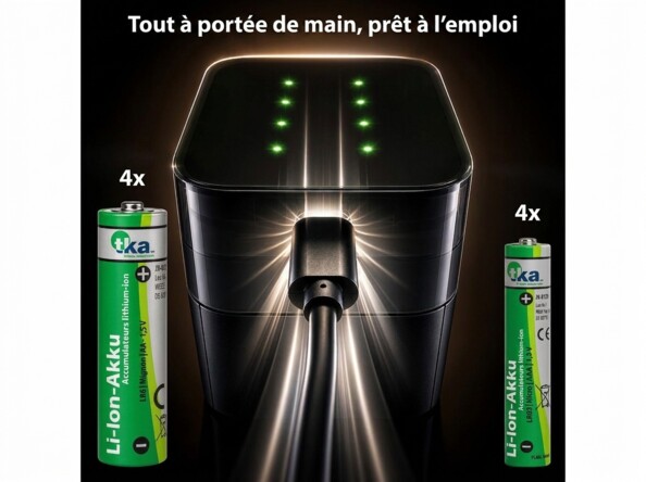 Chargeur tka en situation dans un intérieur moderne avec éclairage LED vert et quatre accus en charge, légende « Tout à portée de main, prêt à l'emploi »
