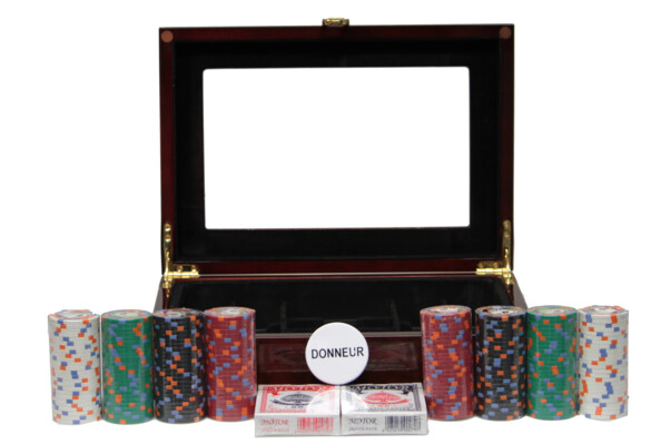 malette de poker texas holdem en bois laqué haute qualité avec 2 jeux de cartes et 200 jetons 4 couleurs