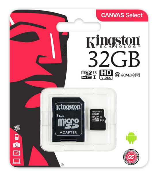 carte micro sd kingston canvas select 32go avec adaptateur microsd vers sd secure digital
