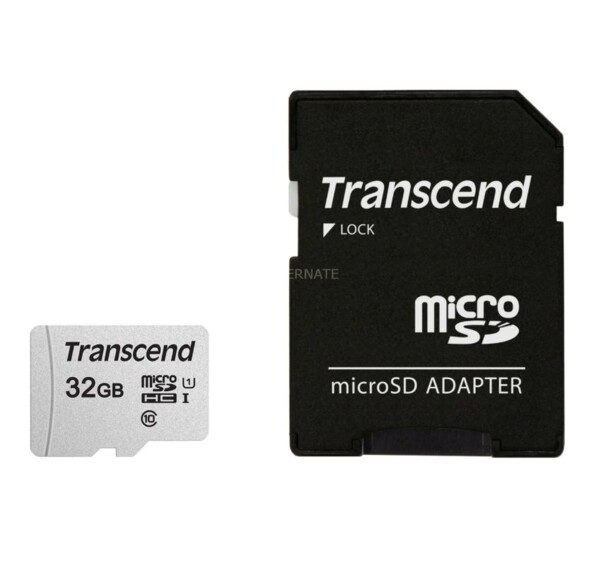 Carte Micro SDHC 300S Transcend de 32 Go avec adaptateur SD.