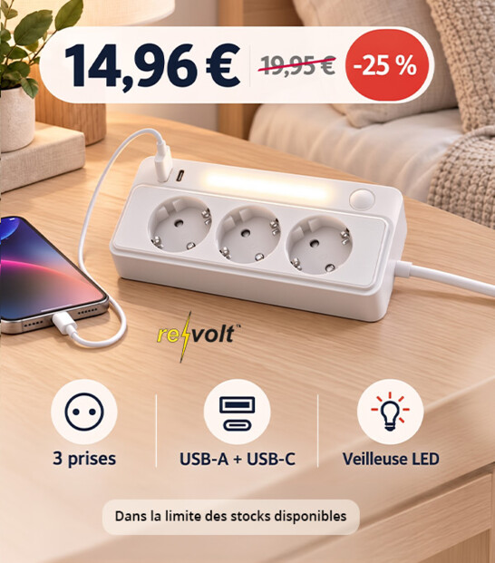 Multiprise 3 prises avec ports de charge USB-A / USB-C 20 W et veilleuse