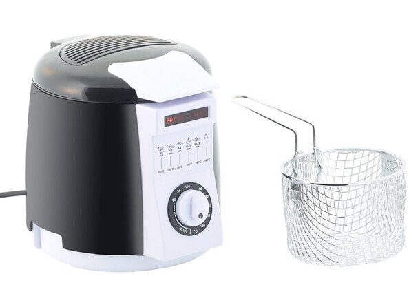 Friteuse et appareil à fondue noir avec façade et boutons blancs, design rond, avec corbeille à friture en métal