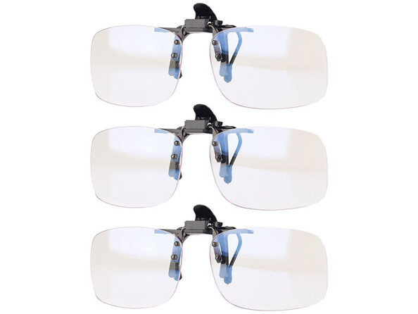 Trois paires de sur-lunettes clip-on rectangulaires sans monture, verres transparents, clip central noir et charnières métalliques