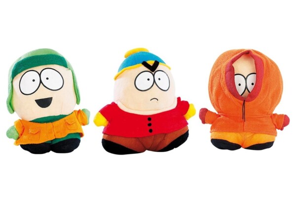 Lot de 3 peluches South Park : Kyle, Cartman et Kenny.