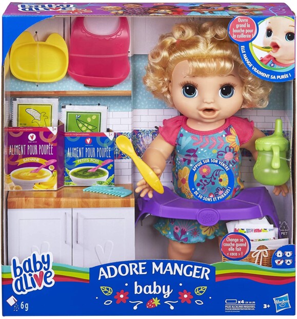Packaging de la poupée interactive Baby Alive Adore manger.