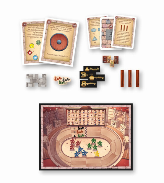 Composants Escape Game Pocket Enquête à Rome : plateau amphithéâtre romain, cartes énigmes et jetons