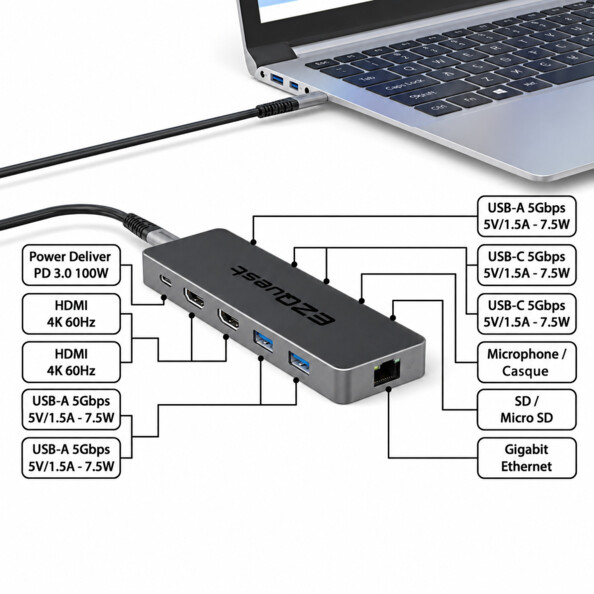 Hub USB-C EZQuest connecté à un ordinateur portable argenté