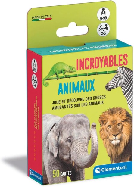 Boîte du jeu de cartes éducatif Incroyables Animaux Clementoni 50 cartes dès 6 ans