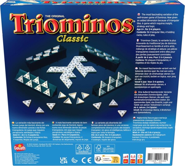 Verso de la boîte Triominos Classic Goliath avec descriptif multilingue et contenu 56 tuiles