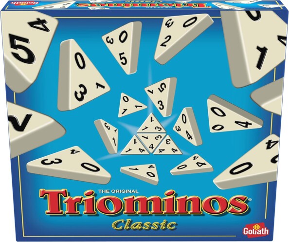 Boîte du jeu Triominos Classic Goliath avec tuiles triangulaires en explosion sur fond bleu