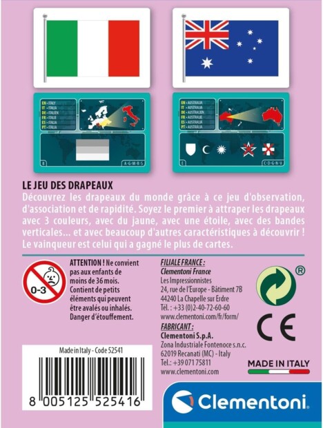 Jeu des Drapeaux, dos de la boîte avec règles du jeu et exemples de cartes drapeaux