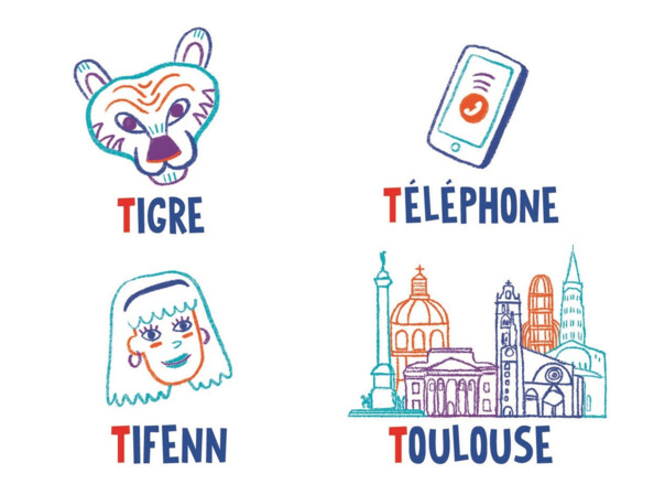 Carte illustrée de la lettre T du jeu du Petit Bac Clementoni avec tigre et téléphone