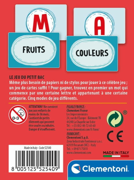 Verso boîte Le Jeu du Petit Bac expliquant les règles du jeu de vocabulaire Clementoni
