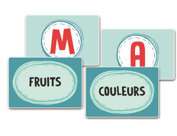 Cartes lettres M et A et catégories Fruits et Couleurs du jeu du Petit Bac