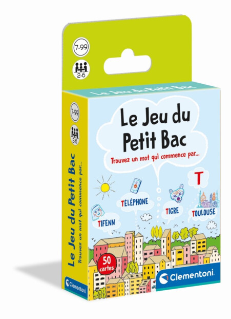 Boîte du jeu du Petit Bac Clementoni 50 cartes de lettres et vocabulaire dès 7 ans