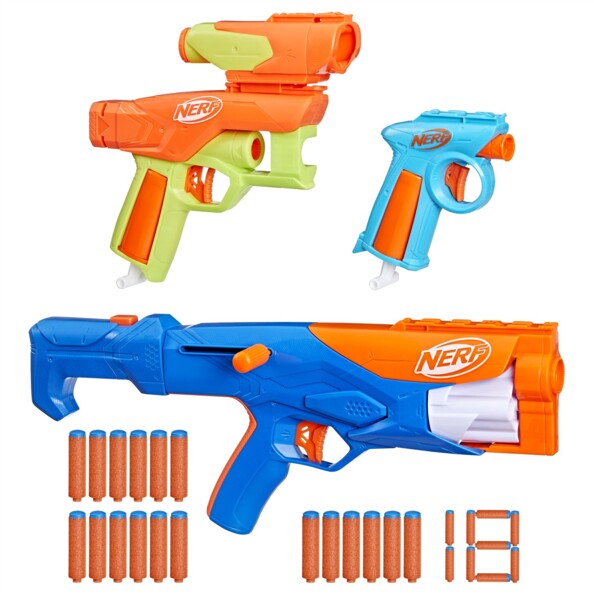 Blasters Nerf N Series avec crosse et viseur sur fond blanc