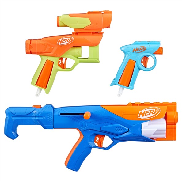 Les trois blasters du pack Nerf Gear Up en vue de dessus
