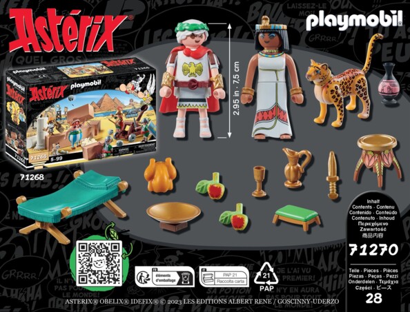 Détail des figurines Playmobil César et Cléopâtre avec léopard, accessoires et contenu 28 pièces