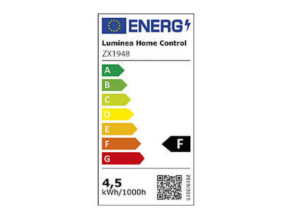 Étiquette énergie européenne classe F du produit Luminea Home Control, consommation 4,5 kWh/1000h