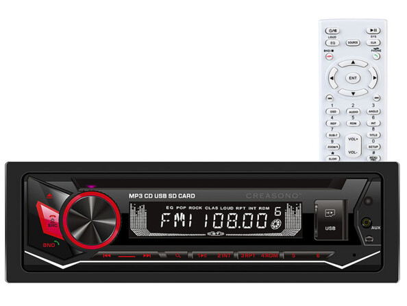 Autoradio 1-DIN CAS-3700.bt avec lecteur CD, port USB, fente pour cartes microSD, télécommande et fonction bluetooth.