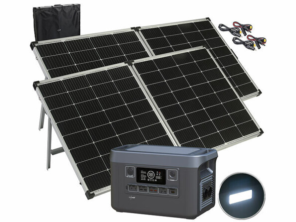 Pack générateur solaire HSG-1300 avec 2 panneaux solaires avec câble de raccordement 5 m, câble d'alimentation, câble adaptateur de chargement pour voiture, adaptateur solaire (compatible XT60 vers compatible MC4) et modes d'emploi en français
