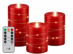 3 bougies LED télécommandées en cire avec guirlande lumineuse - coloris rouge