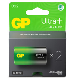 Pack de 2 piles alcalines type D Ultra+ de la marque GP dans leur emballage cartonné vert et gris foncé