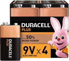Pack de 4 piles 9 V type 6LR61 Duracell Plus.