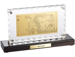 Billet de 500 Francs plaqué or avec socle