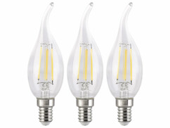 Lot de 3 ampoules LED filament E14 de type bougie avec une capcité de 4 W et une luminosité de 470 lumens.
