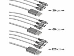 Pack de 3 câbles de chargement 3 en 1 Micro-USB / USB-C / Lightning vers USB-A en 3 tailles de la marque Callstel