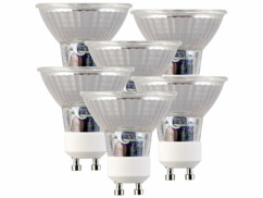 Lot de 6 spots LED en verre GU10 avec une capacité de 3 W et une luminosité de 250 lumens.